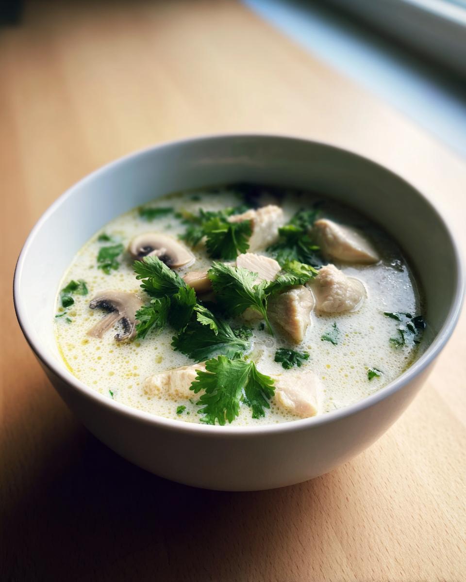 A white bowl filled with creamy coconut soup containing chunks of chicken, sliced mushrooms, and fresh cilantro.