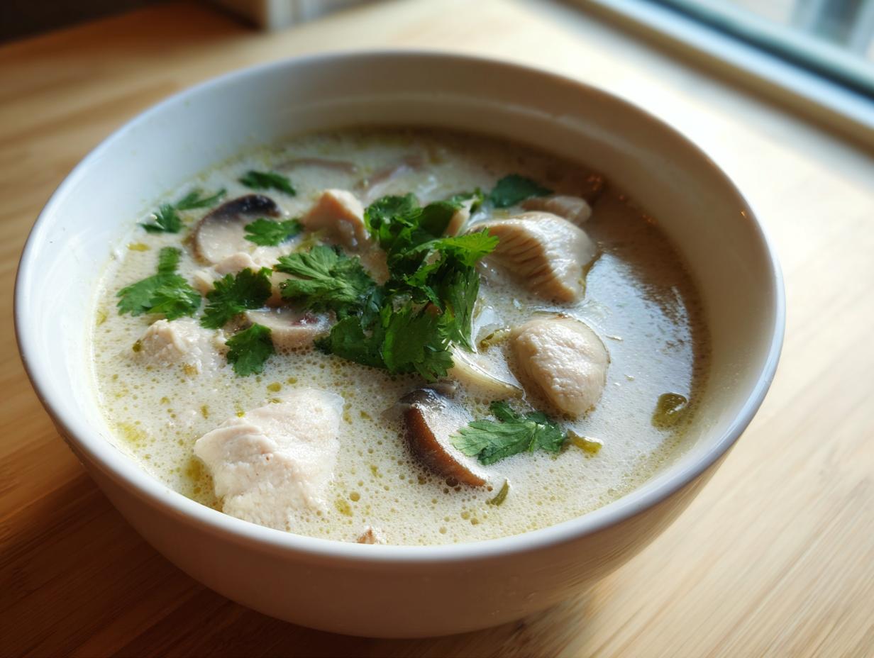 A close-up of a white bowl filled with creamy chicken and mushroom coconut soup, garnished with fresh cilantro.