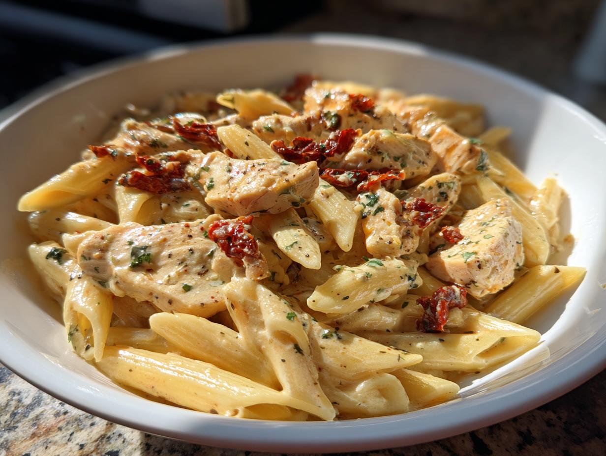 A close-up of creamy chicken pasta made with penne, chunks of chicken, and sun-dried tomatoes in a white bowl.