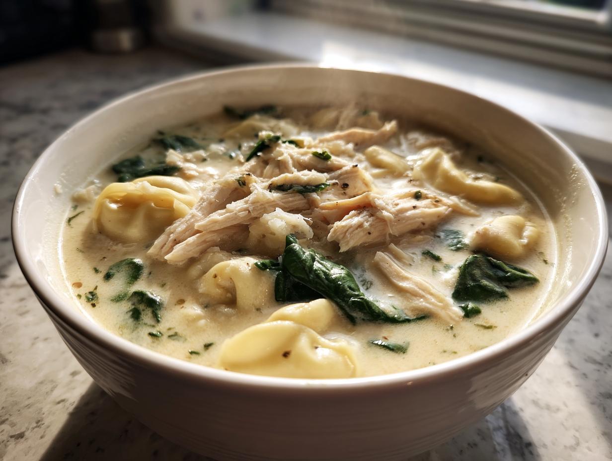 Close-up of a steaming white bowl filled with creamy chicken tortellini soup, featuring shredded chicken and spinach.