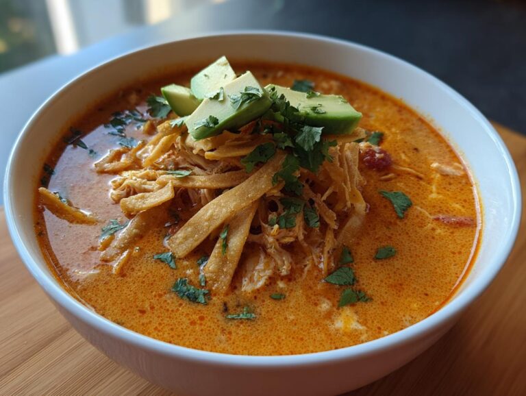 A close-up of a white bowl filled with creamy chicken tortilla soup, topped with tortilla strips, avocado, and cilantro.