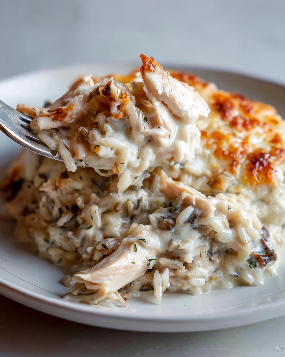 A fork lifts a creamy bite of chicken wild rice casserole topped with golden, baked cheese.