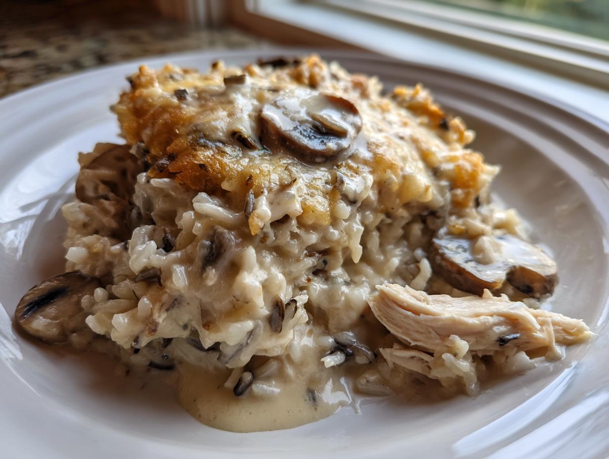 A close-up serving of creamy chicken wild rice casserole topped with melted cheese and sliced mushrooms.