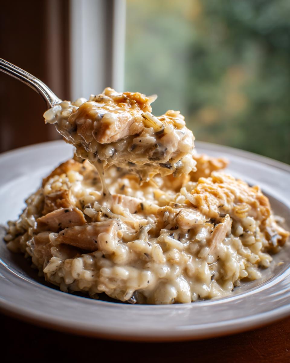 A spoonful of creamy chicken wild rice casserole being lifted from a plate, showing chunks of chicken and wild rice.