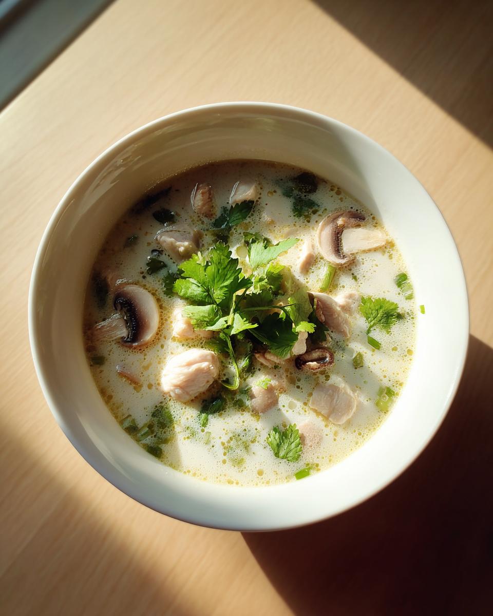 Overhead shot of a white bowl filled with creamy coconut soup, featuring chunks of chicken, sliced mushrooms, and fresh cilantro garnish.