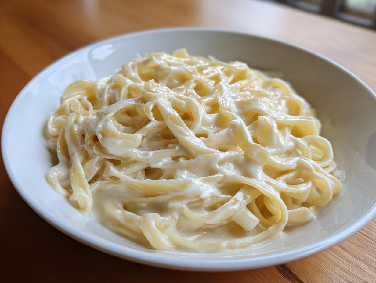 Close-up of fettuccine pasta generously coated in rich, creamy homemade alfredo sauce in a white bowl.