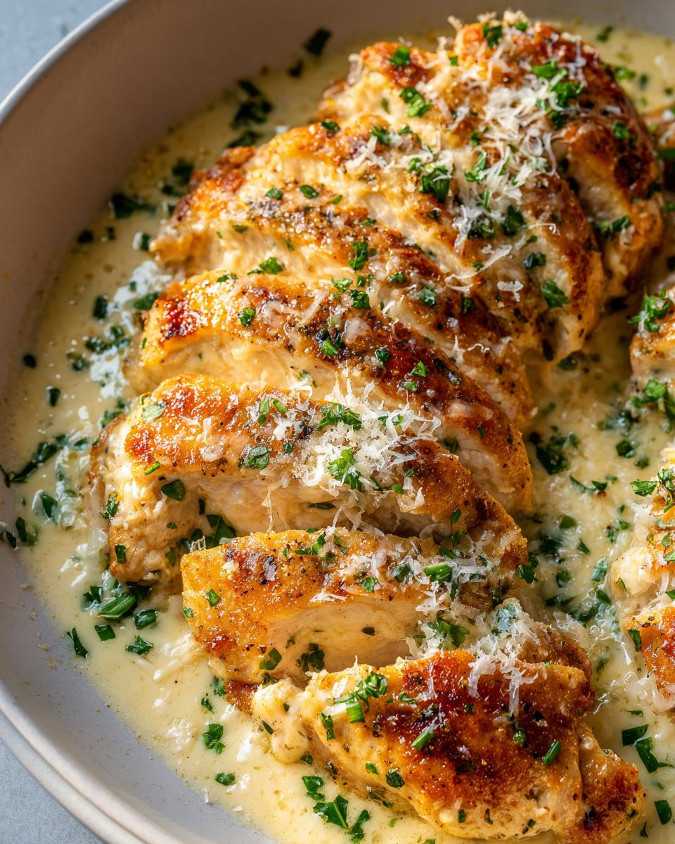 Close-up of sliced, pan-seared garlic parmesan chicken breasts covered in creamy sauce, fresh parsley, and grated Parmesan.