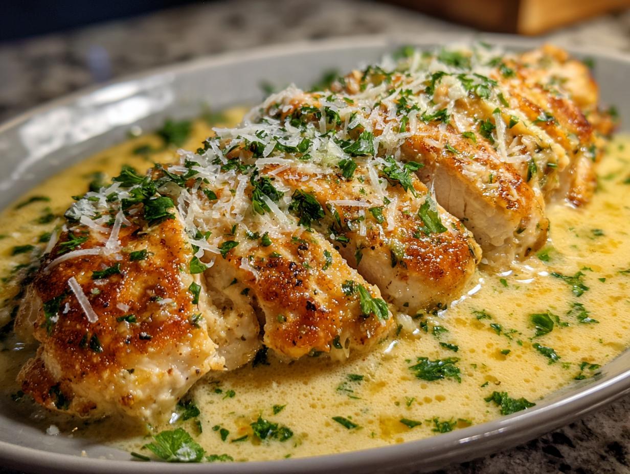 Slices of golden-brown garlic parmesan chicken resting in a creamy sauce, topped with grated parmesan and fresh parsley.