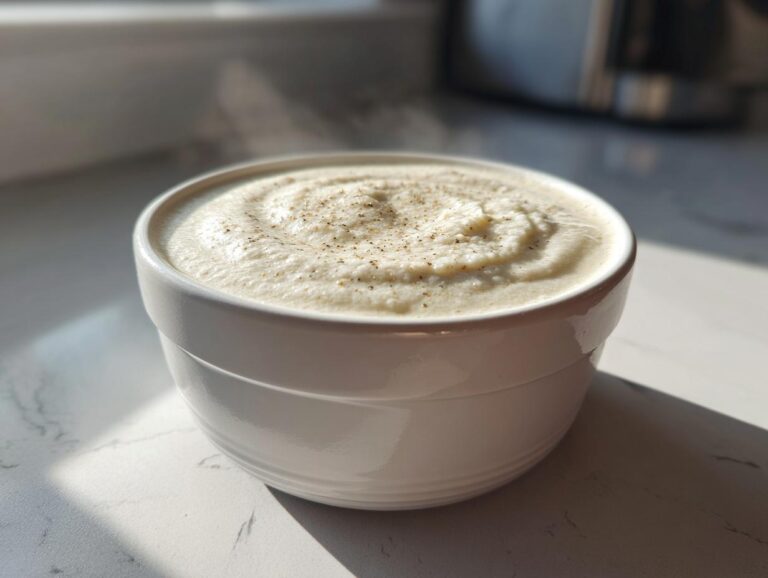 A creamy, white bowl of hot garlic soup topped with black pepper, sitting on a bright countertop.