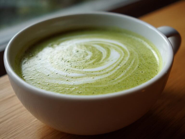 Close-up of creamy green zucchini soup with latte art swirl in a white mug.