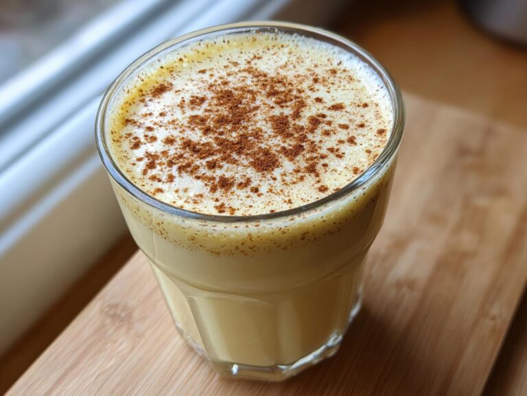 A glass of creamy homemade eggnog topped with a generous dusting of cinnamon.