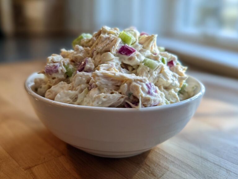 A white bowl filled with creamy honey mustard chicken salad mixed with celery and red onion.