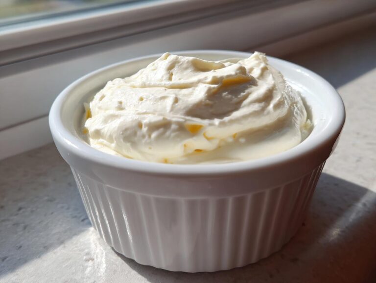 A close-up of creamy, whipped horseradish sauce for prime rib served in a small white fluted ramekin.