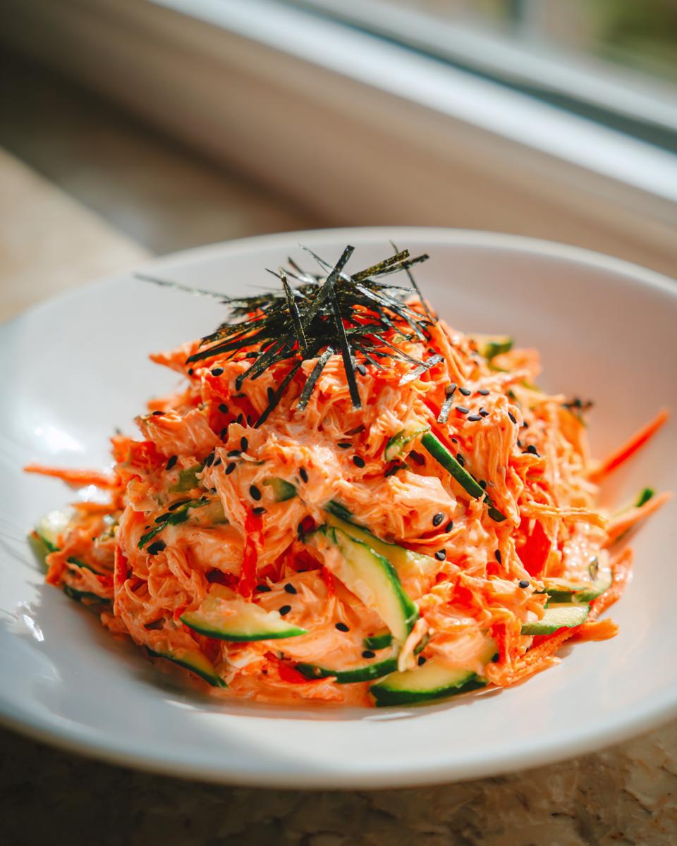 A close-up of a vibrant, creamy kani salad topped with shredded nori and black sesame seeds in a white bowl.