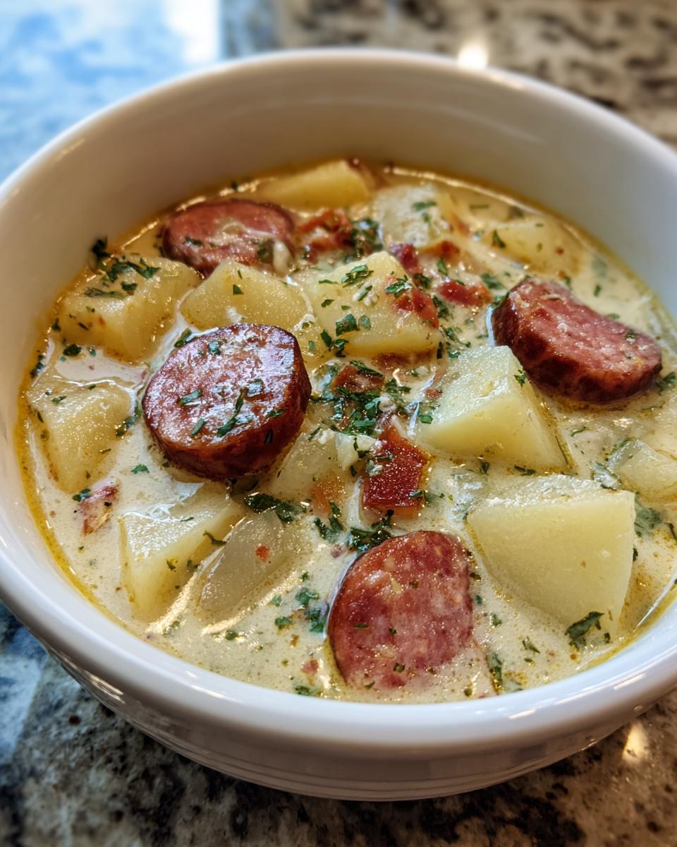 Close-up of a hearty bowl of creamy kielbasa potato soup, garnished with fresh parsley.