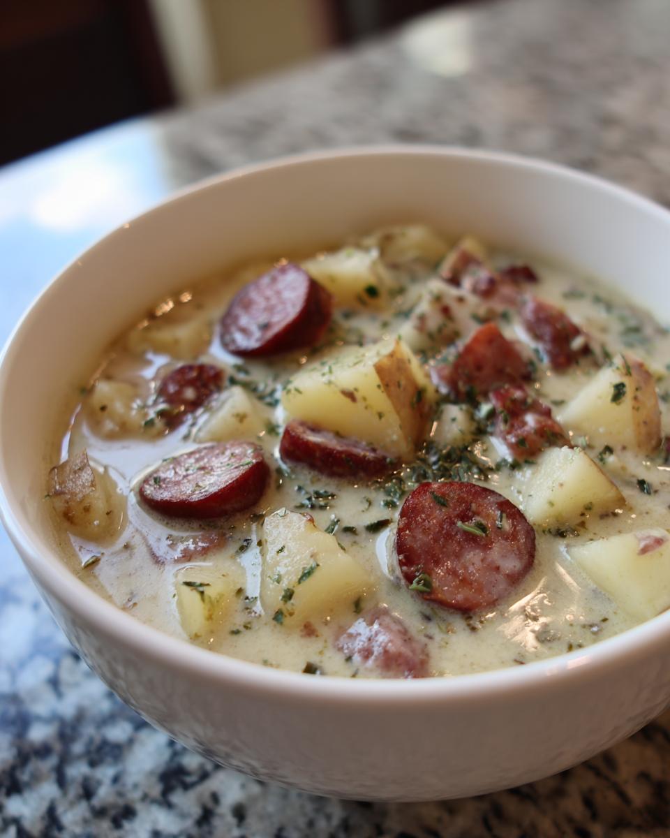 Close-up of a hearty bowl of creamy kielbasa potato soup with chunks of potato and sliced sausage.