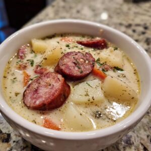 Close-up of a hearty bowl of creamy kielbasa potato soup, featuring thick slices of sausage and potato chunks.