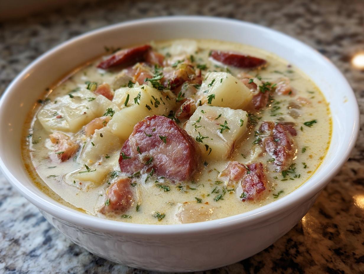 Close-up of a creamy bowl of kielbasa potato soup, featuring chunks of potato and sliced sausage, garnished with fresh herbs.