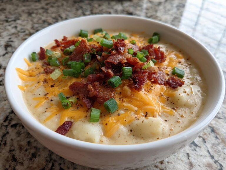Close-up of creamy loaded baked potato soup topped with shredded cheddar, bacon bits, and green onions.