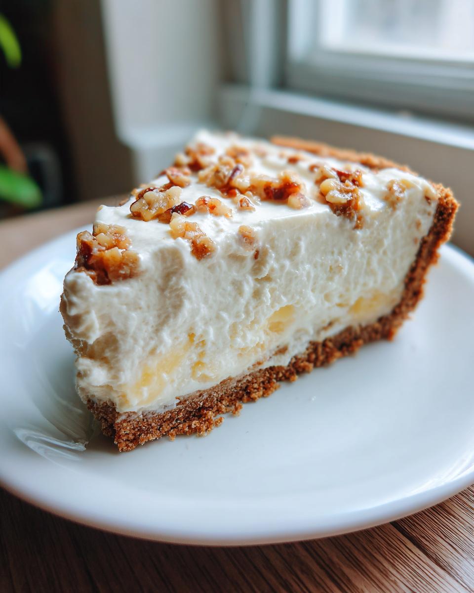 A close-up slice of creamy millionaire pie with a graham cracker crust and nut topping.