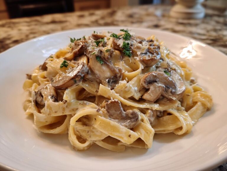 Close-up of creamy fettuccine mushroom pasta topped with sliced mushrooms and grated cheese.