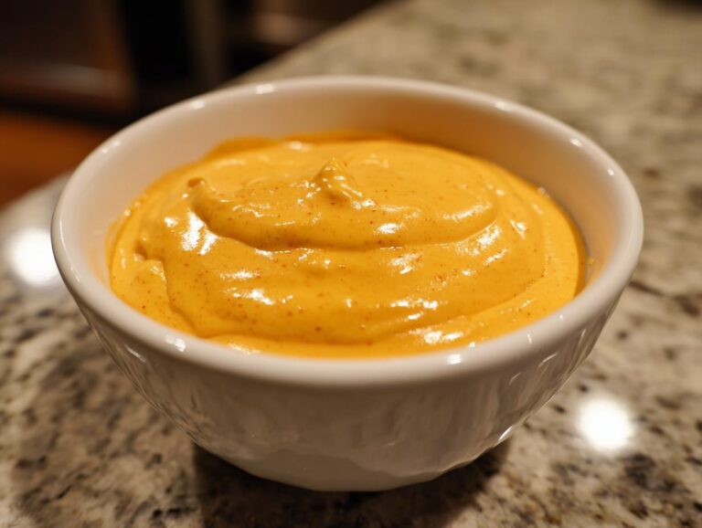 Close-up of rich, orange nacho cheese sauce with visible spices in a small white bowl.