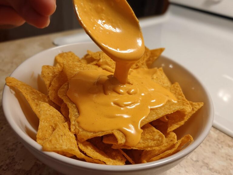 A spoonful of creamy nacho cheese sauce is being poured over a bowl full of tortilla chips.