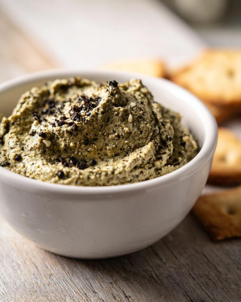 Close-up of a creamy olive dip in a white bowl, garnished with chopped black olives.