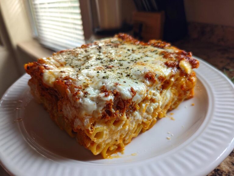 A generous slice of creamy pasta bake topped with melted mozzarella and herbs on a white plate.