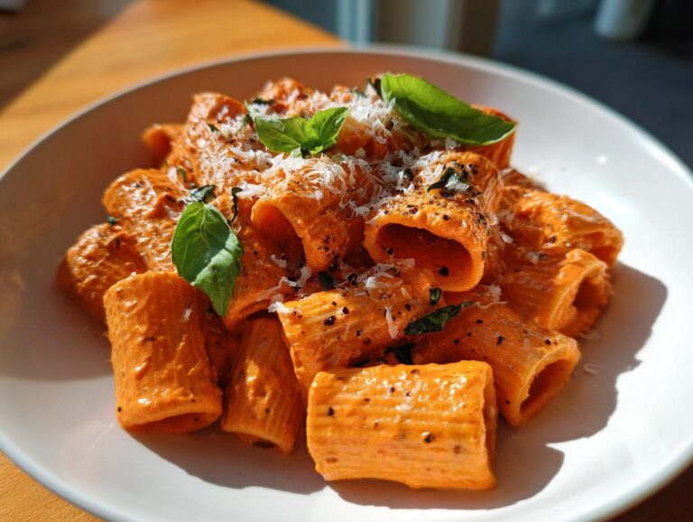 Close-up of rigatoni pasta coated in creamy pink sauce pasta, garnished with fresh basil and grated Parmesan cheese.