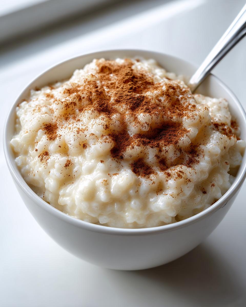 Close-up of a white bowl filled with creamy rice pudding recipe, generously dusted with cinnamon.