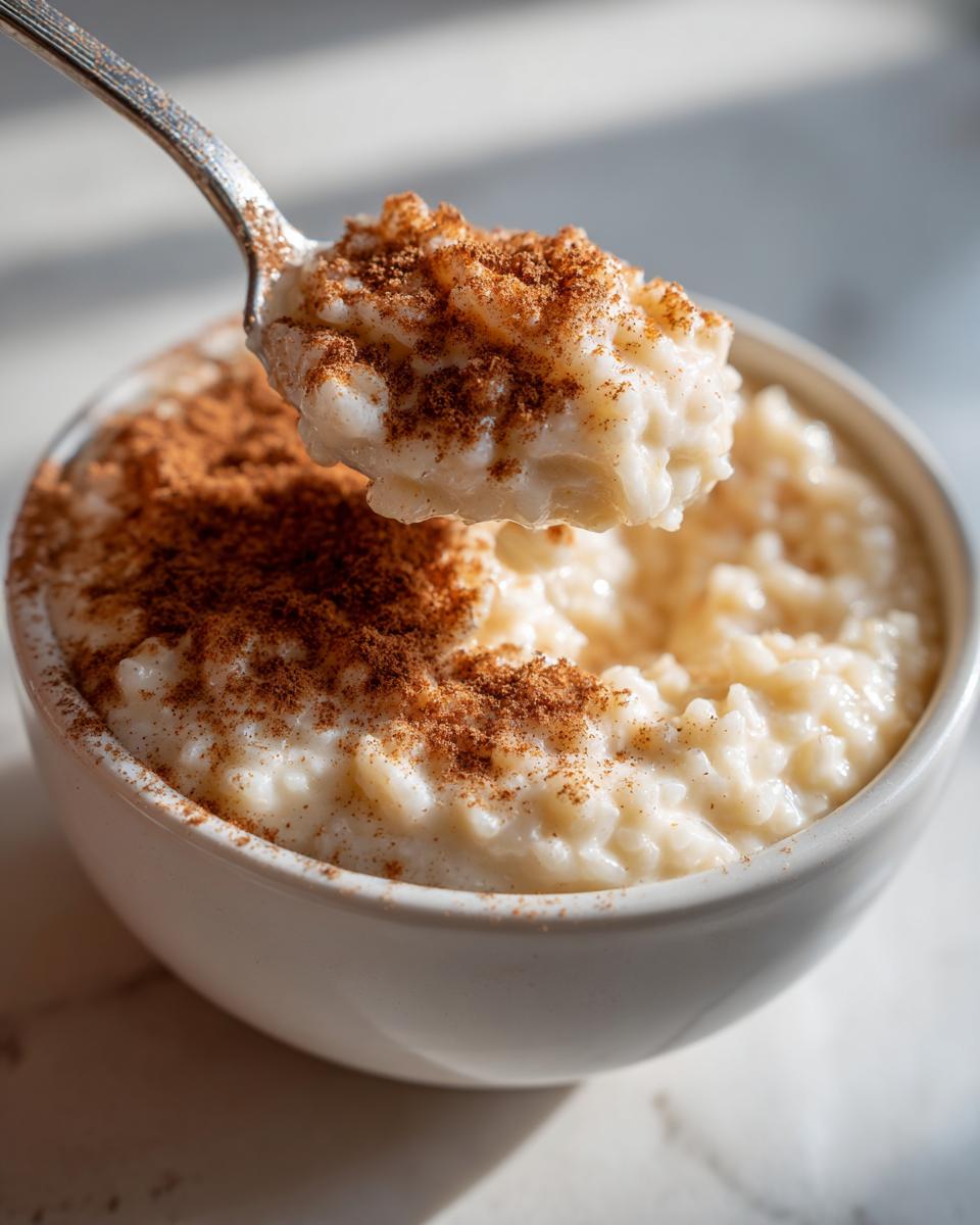 A spoonful of creamy rice pudding recipe being lifted from a white bowl, generously dusted with cinnamon.