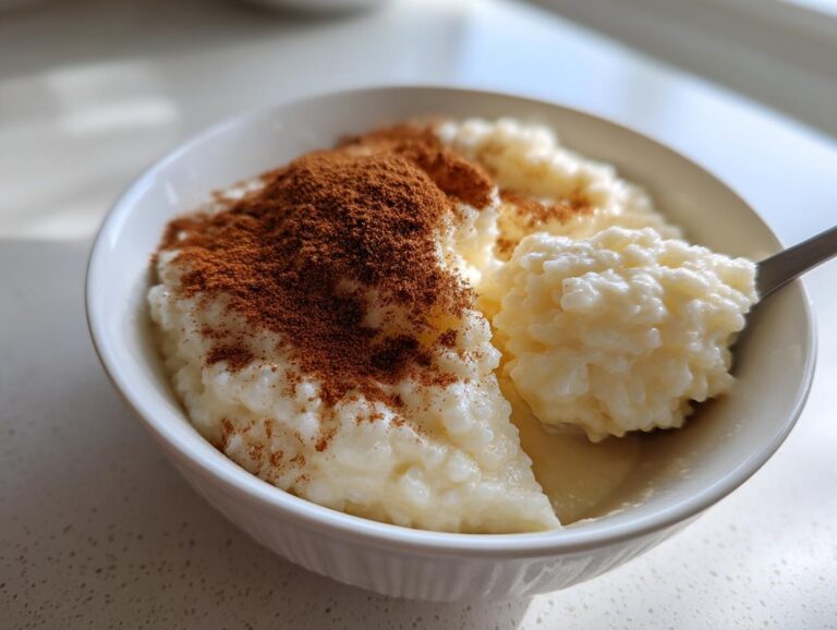 Close-up of creamy rice pudding recipe in a white bowl, generously dusted with cinnamon powder.