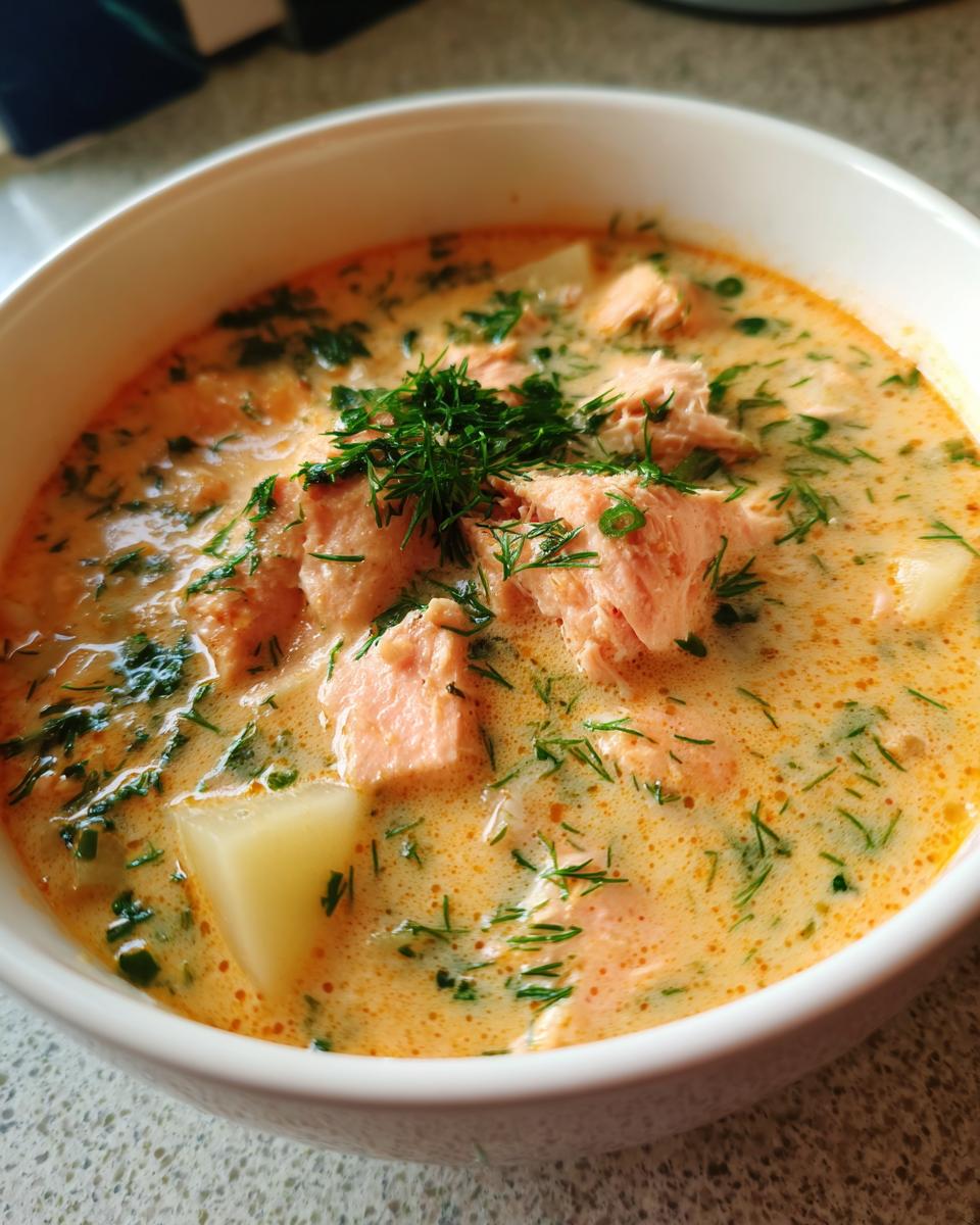 Close-up of a bowl of creamy salmon soup featuring chunks of pink salmon, potatoes, and fresh dill.