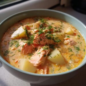 Close-up of a creamy salmon soup featuring large chunks of pink salmon and potatoes, topped generously with fresh dill.
