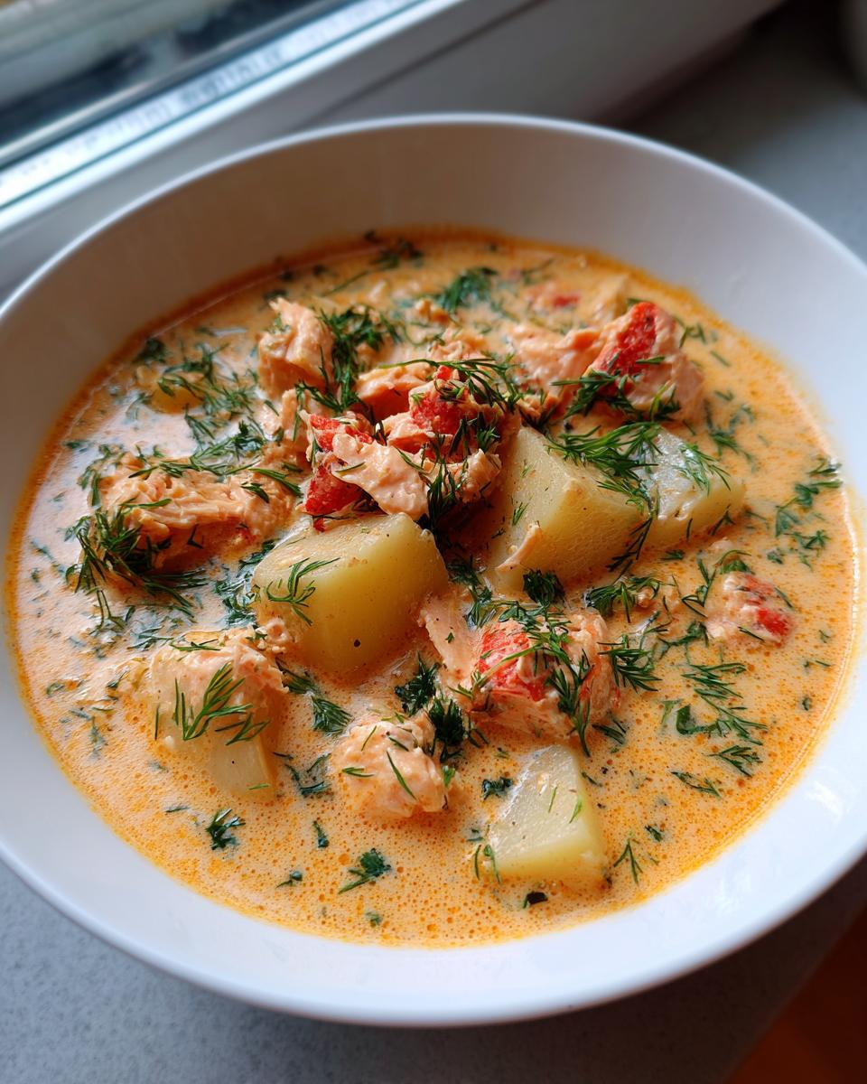 A close-up of a bowl of creamy salmon soup featuring chunks of salmon, potatoes, and fresh dill garnish.