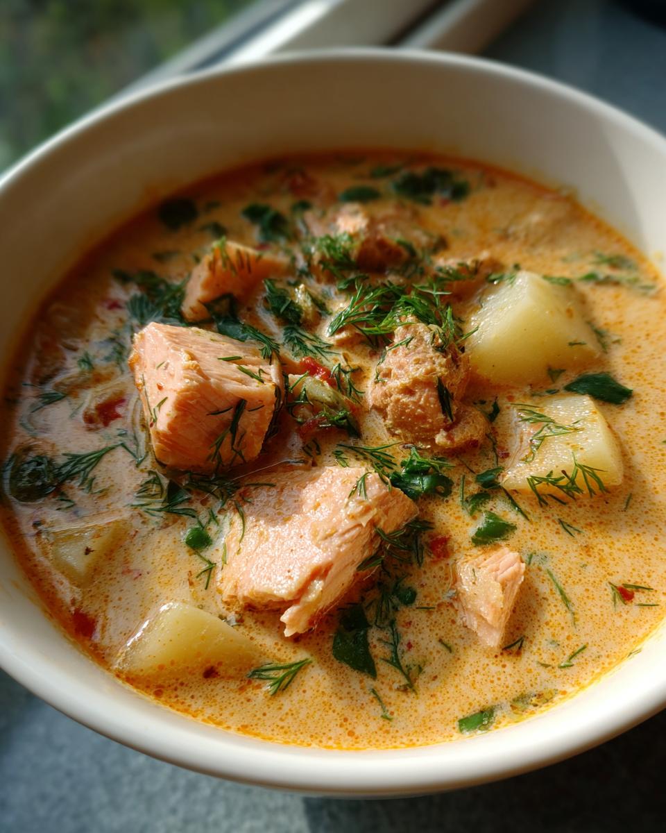 A close-up, top-down view of a bowl of creamy salmon soup featuring large chunks of pink salmon, potatoes, and fresh dill.