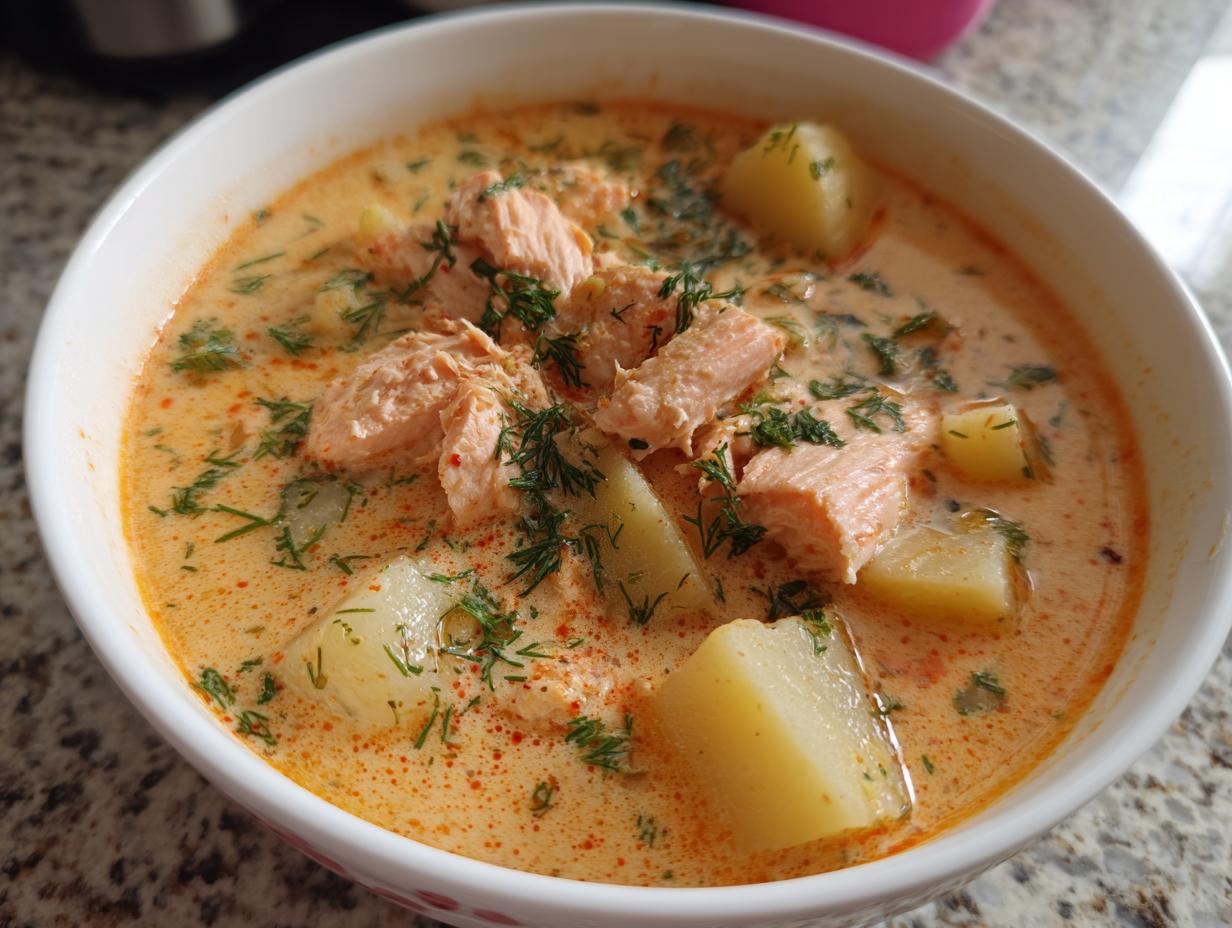 Close-up of a white bowl filled with creamy salmon soup, featuring chunks of pink salmon, potatoes, and fresh dill.