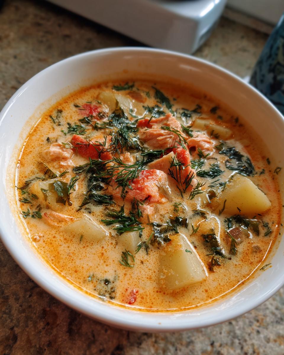 Close-up of a creamy bowl of salmon soup featuring chunks of pink salmon, potatoes, and fresh dill garnish.