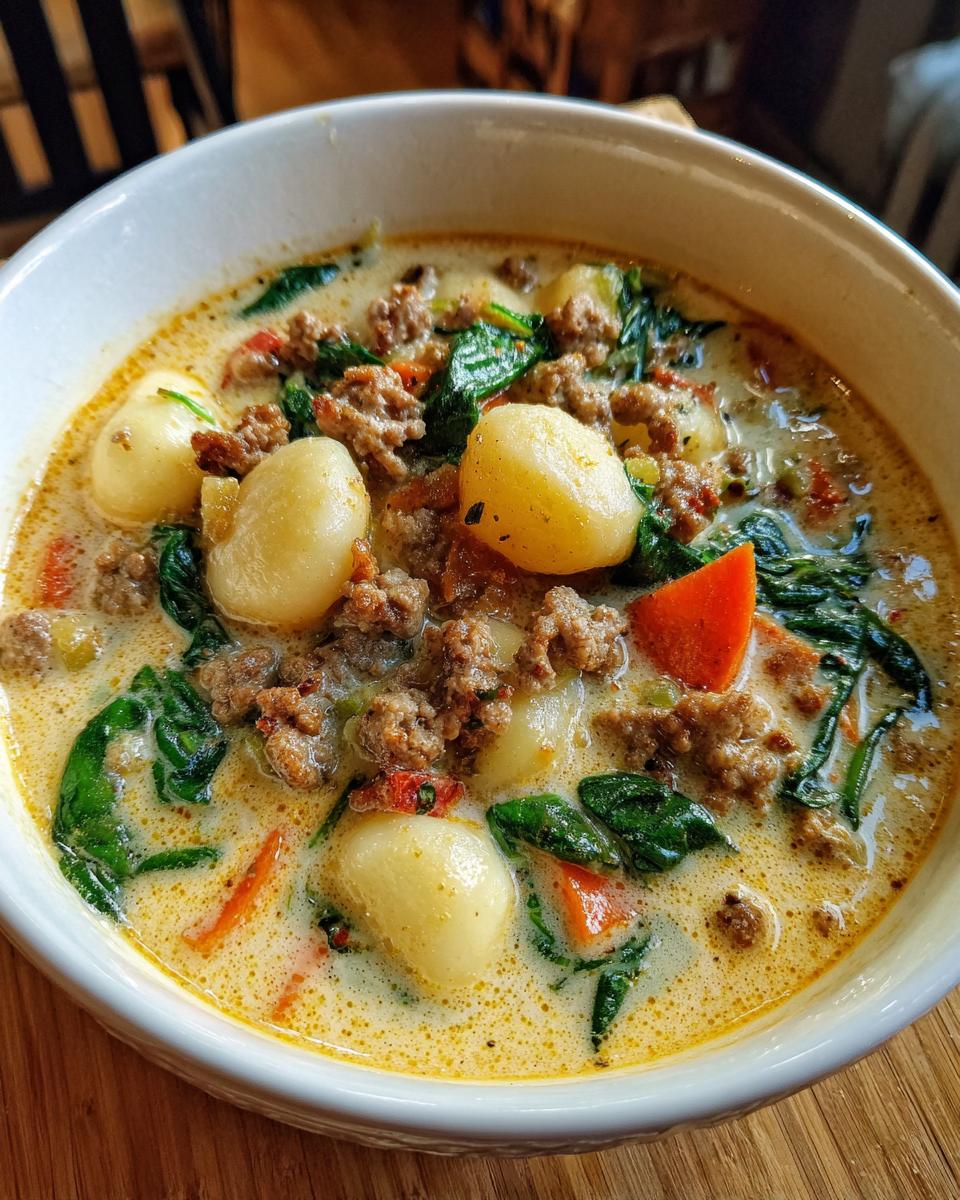 Close-up of a creamy bowl of sausage gnocchi soup featuring potato gnocchi, ground sausage, spinach, and carrots.