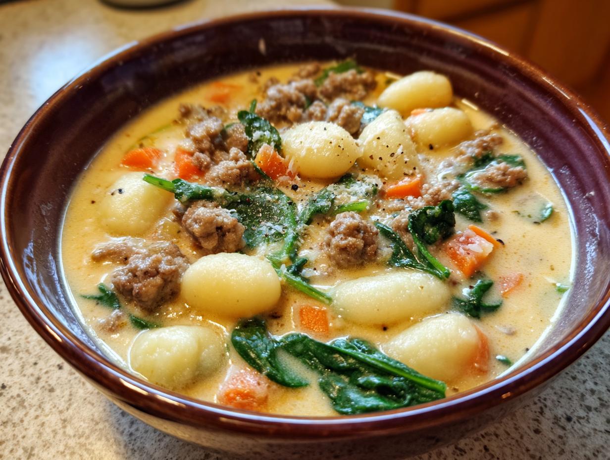 Close-up of a rich, creamy sausage gnocchi soup filled with potato dumplings, ground sausage, spinach, and carrots.