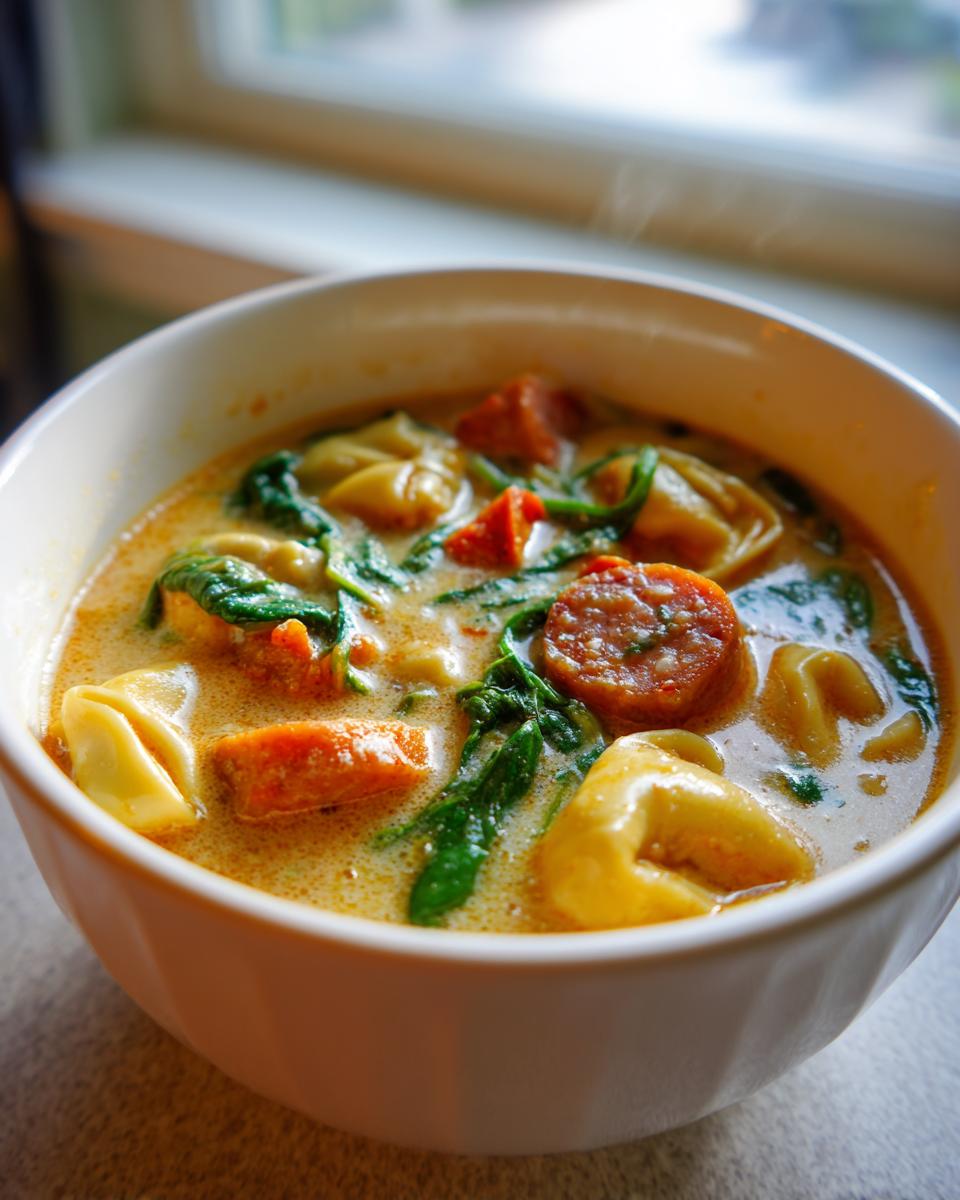 A close-up of a steaming white bowl filled with creamy sausage tortellini soup, featuring sausage slices and wilted spinach.