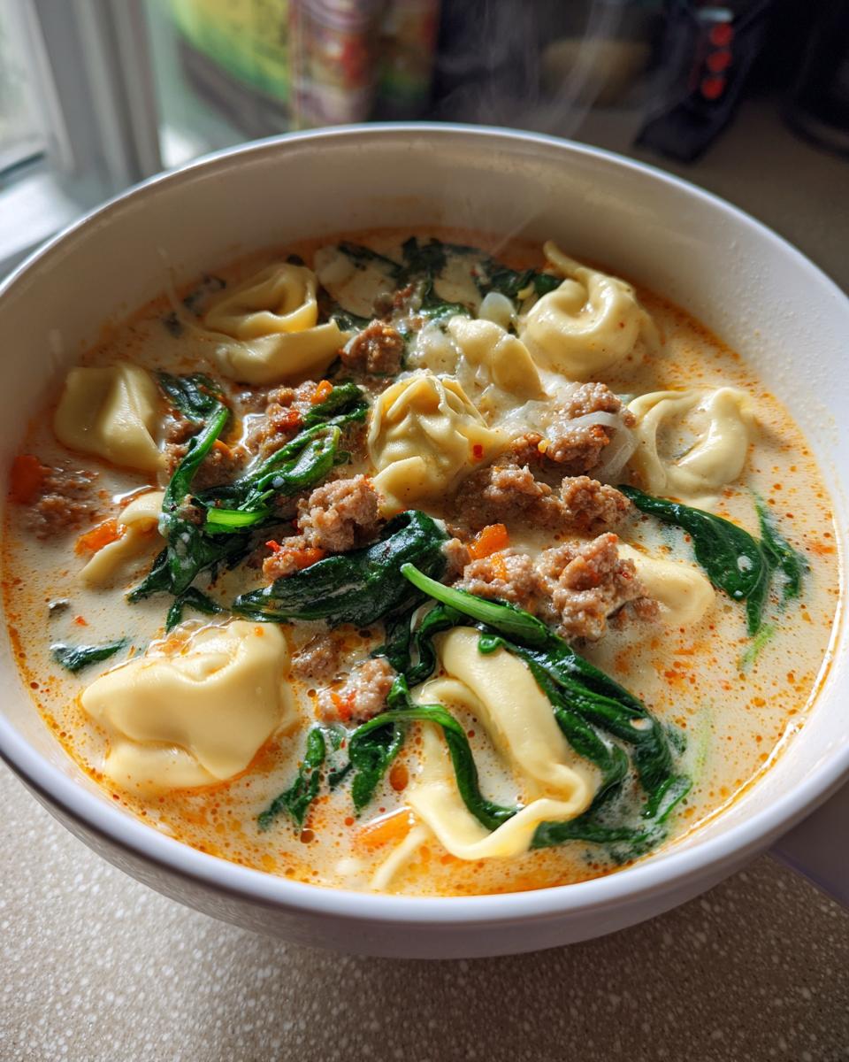 Close-up of a steaming white bowl filled with creamy sausage tortellini soup, featuring tortellini, ground sausage, and wilted spinach.