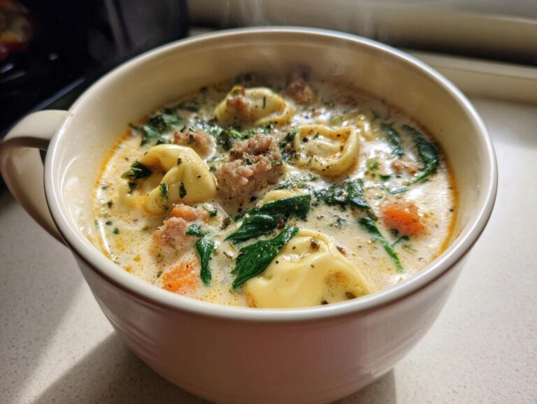 Close-up of a steaming bowl of creamy sausage tortellini soup with spinach and carrots.