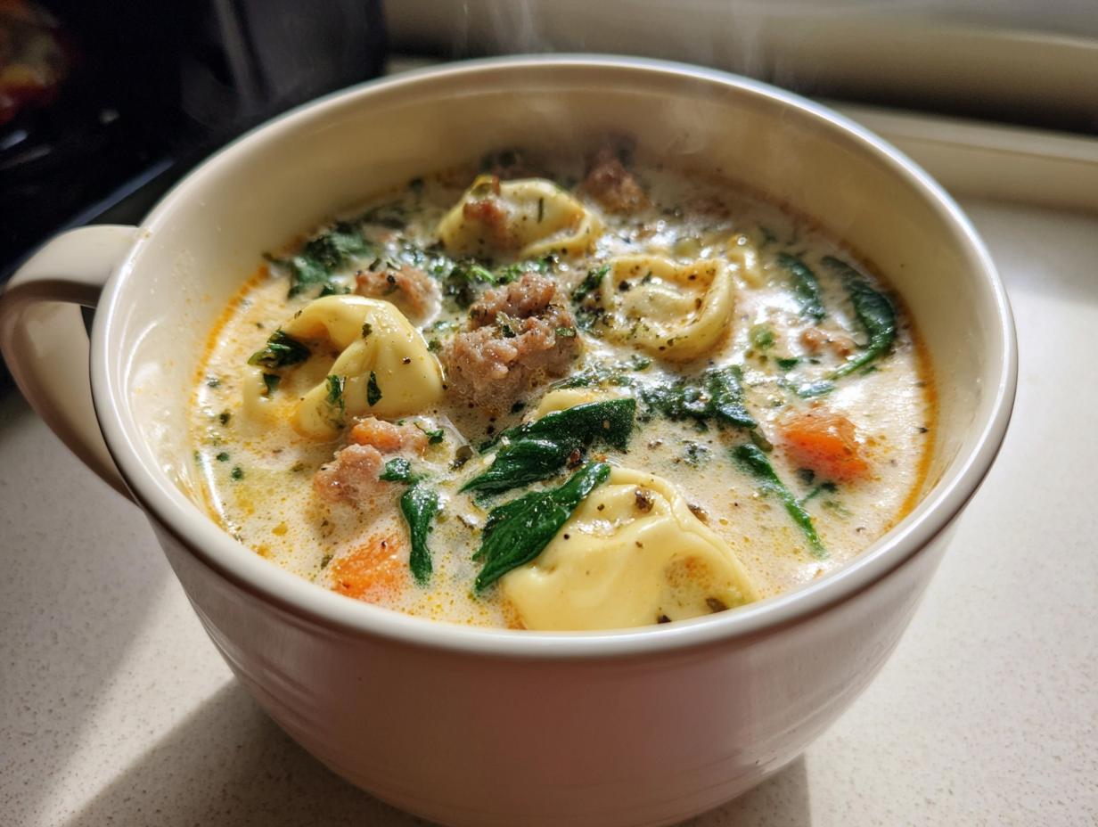 Close-up of a steaming bowl of creamy sausage tortellini soup with spinach and carrots.