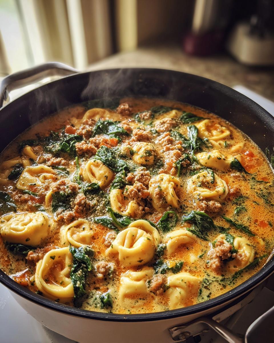 Close-up of steaming sausage tortellini soup in a pot, featuring tortellini, crumbled sausage, and spinach in a creamy broth.