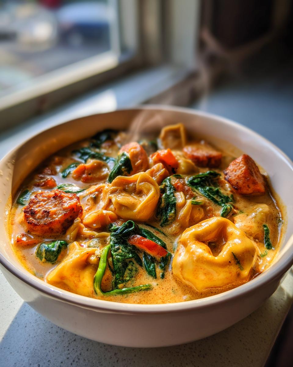 Close-up of a steaming white bowl filled with creamy sausage tortellini soup, featuring tortellini, sliced sausage, and spinach.