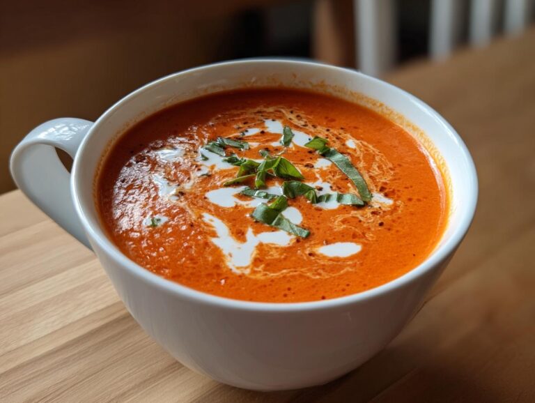 A close-up of rich, orange tomato bisque in a white mug, swirled with cream and topped with fresh basil.
