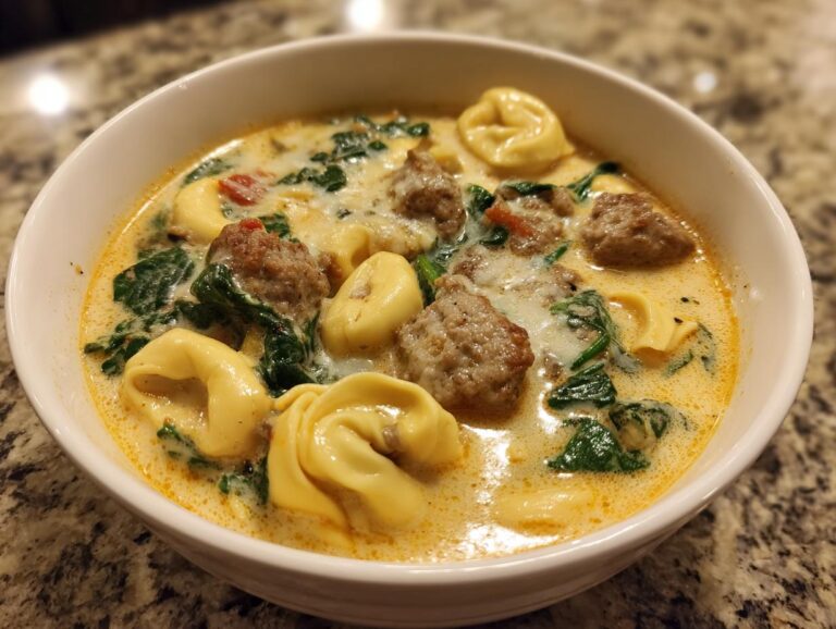 Close-up of a bowl of creamy tortellini soup featuring cheese tortellini, meatballs, and wilted spinach.