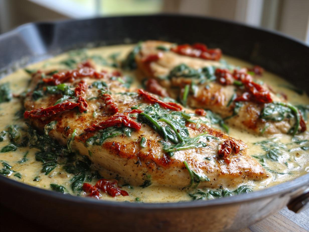 Two seared chicken breasts smothered in a creamy sauce with spinach and sun-dried tomatoes, our creamy Tuscan chicken.